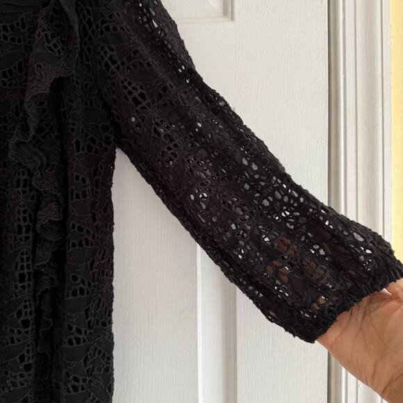 Anthropologie Eyelet Ruffled Sheer Black Top Long Sleeves Size 12 Prairie Boho - Picture 4 of 10